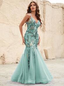 Sequin Plants Detail Mesh Overlay Cami Formal Dress - Mint Green - View 6