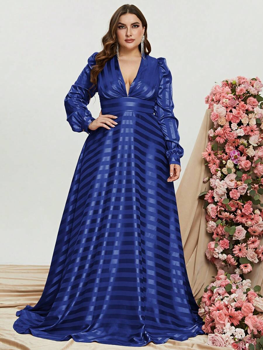 Faeriesty 大碼深V領燈籠袖緞面正式連衣裙 - 寶藍色 - 查看 1