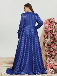 Faeriesty 大碼深V領燈籠袖緞面正式連衣裙 - 寶藍色 - 查看 2