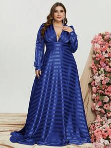 Faeriesty 大碼深V領燈籠袖緞面正式連衣裙 - 寶藍色 - 查看 4