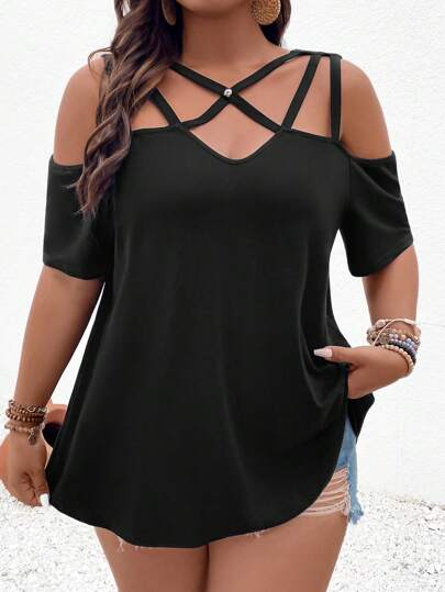 EMERY ROSE Plus Size Soft Knit Criss-Cross Strap Simple Loose Short Sleeve Drop Shoulder Casual Outdoor Vacation Commuting T-Shirt