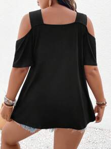 EMERY ROSE 大码柔软针织交叉带简约宽松短袖落肩休闲户外度假通勤 T 恤 - 黑色 - 查看 2