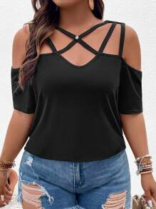 EMERY ROSE 大码柔软针织交叉带简约宽松短袖落肩休闲户外度假通勤 T 恤 - 黑色 - 查看 5