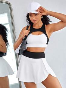 Tennis Casual 拼色凹陷前開衩運動套裝，女性網球服 - 黑與白 - 查看 1