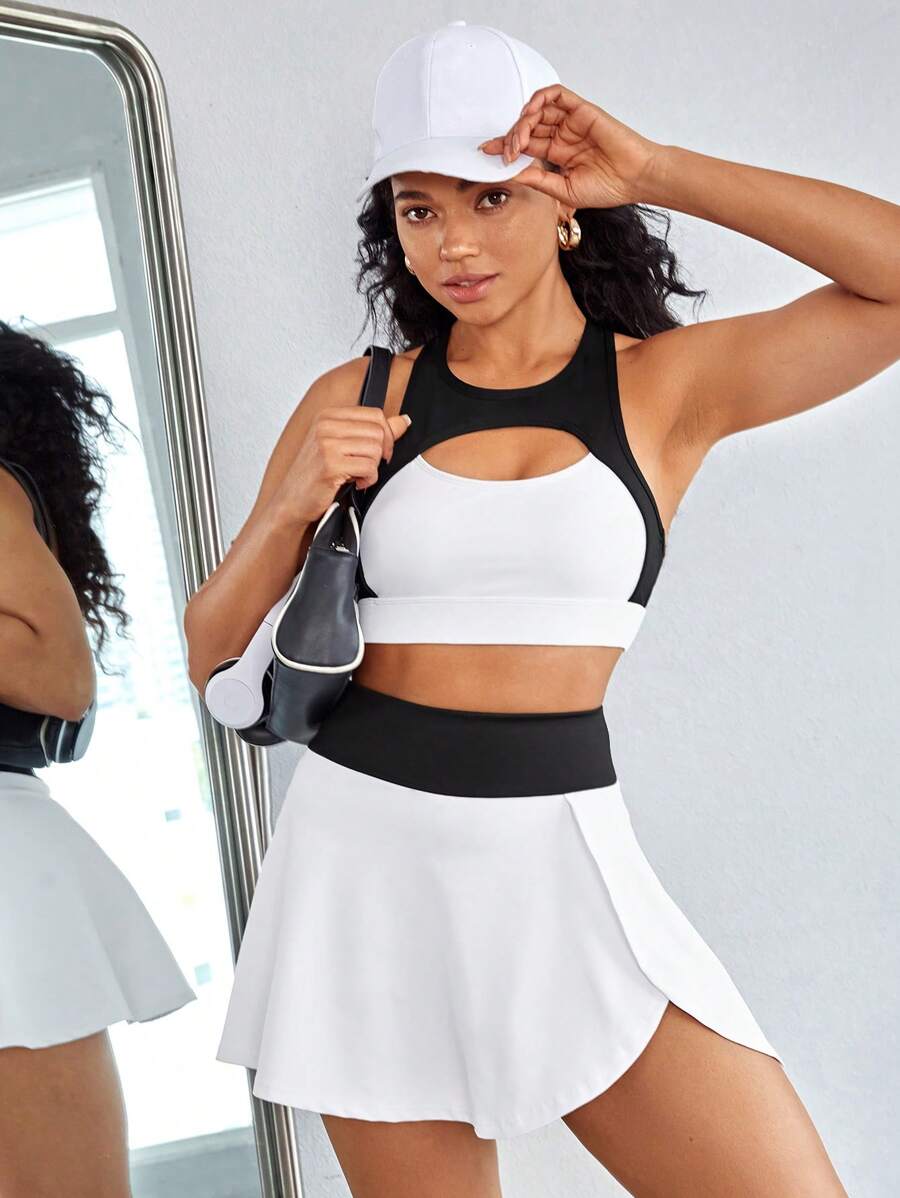 Tennis Casual 拼色凹陷前開衩運動套裝，女性網球服 - 黑與白 - 查看 1