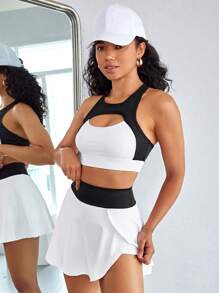 Tennis Casual 拼色凹陷前開衩運動套裝，女性網球服 - 黑與白 - 查看 4