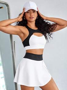 Tennis Casual 拼色凹陷前開衩運動套裝，女性網球服 - 黑與白 - 查看 5