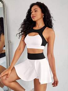 Tennis Casual 拼色凹陷前開衩運動套裝，女性網球服 - 黑與白 - 查看 6