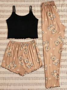Bear Print Lettuce Trim Cami Top & Shorts & Pants PJ Set / Pajama Set - Multicolor - View 2