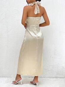 SHEIN Privé Chất rắn Bao bên Xa ten Váy dây - trắng - Xem 2