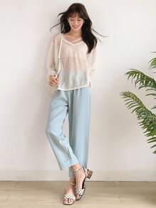 DAZY Suéter sólido de cuello en V con hombros caídos sin top tubo transparente de otoño - Blanco - Ver 9