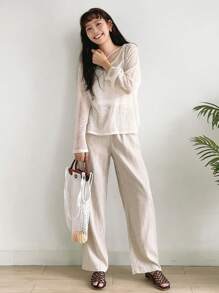 DAZY Suéter sólido de cuello en V con hombros caídos sin top tubo transparente de otoño - Blanco - Ver 10