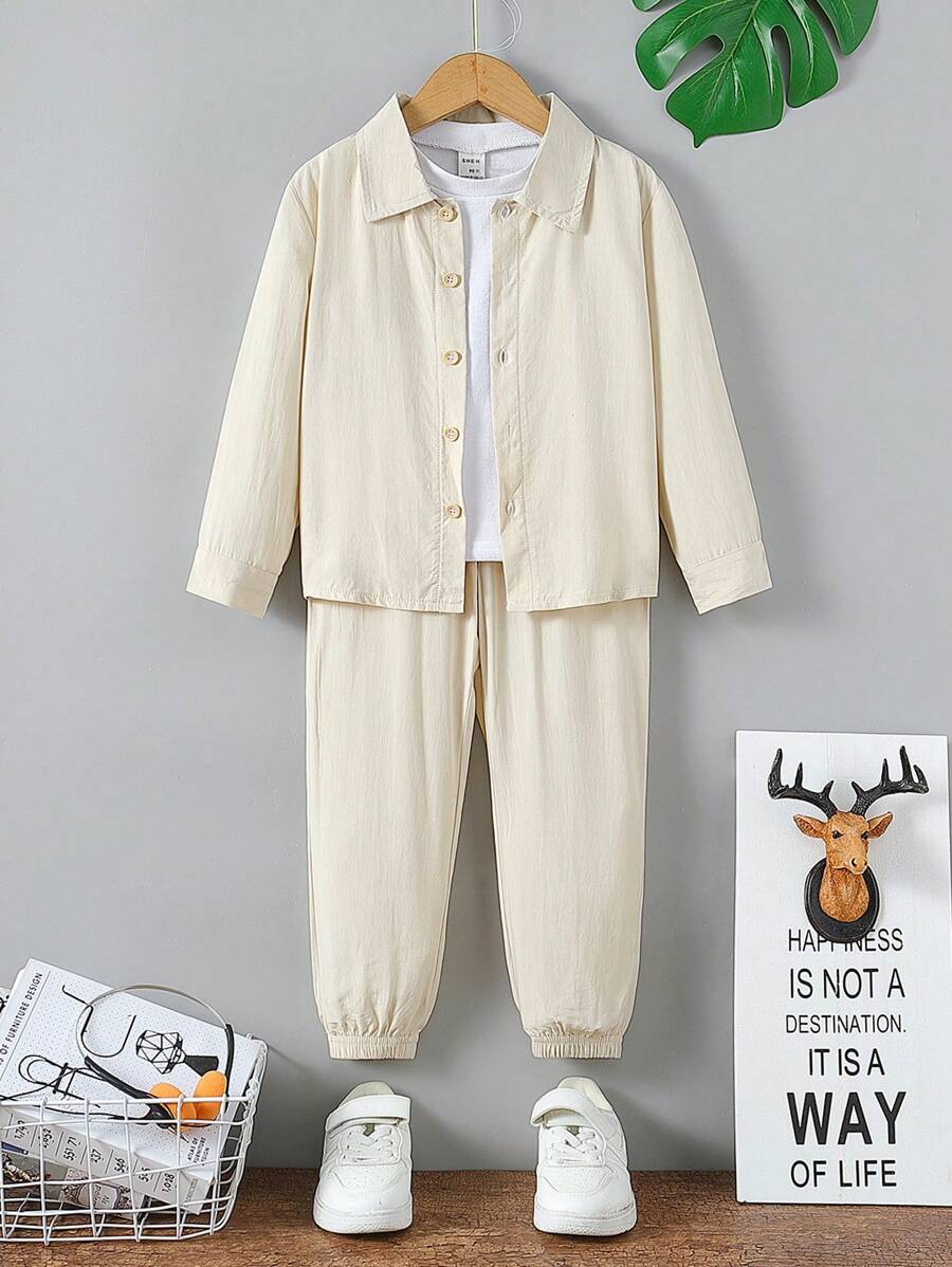 SHEIN 2入組/套 男童寬鬆長袖襯衫和休閒褲套裝 - 卡其色 - 查看 1