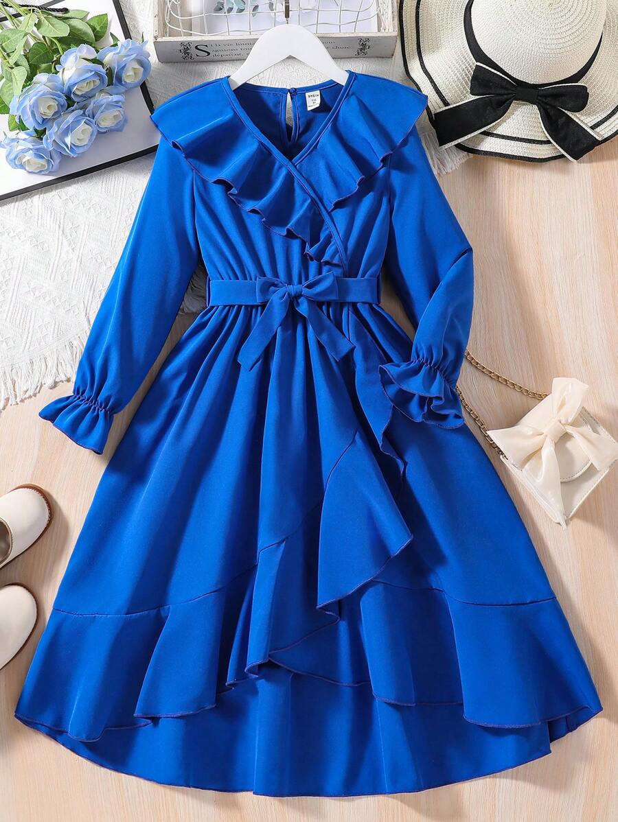 SHEIN 女大童荷葉邊荷葉袖繫腰帶洋裝