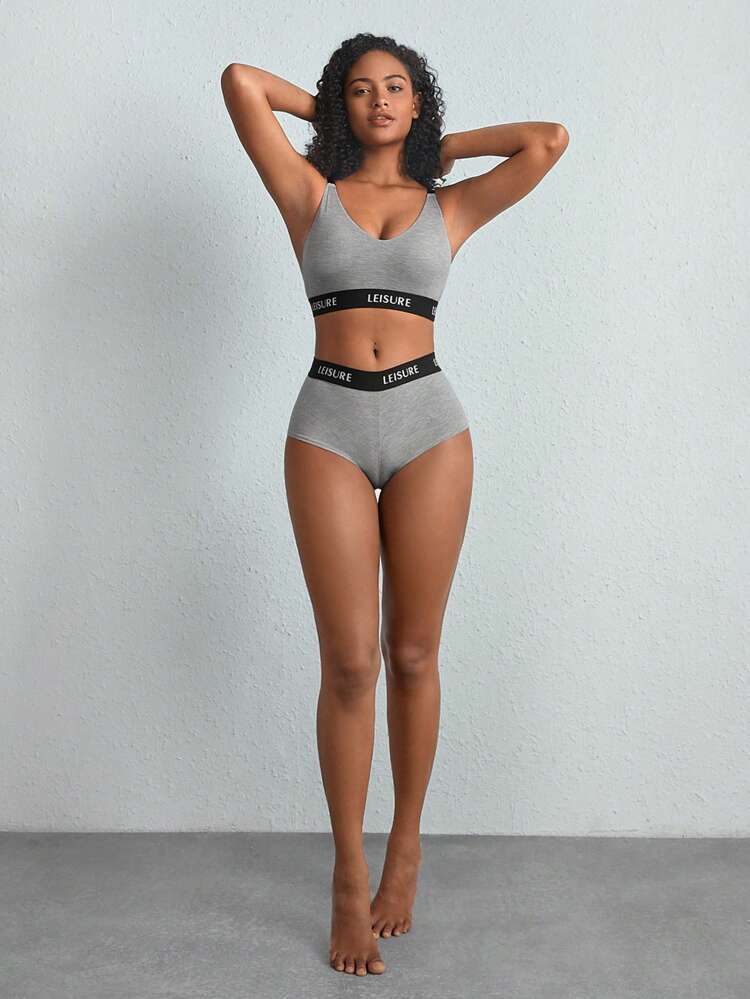 Leisure Smooth & Comfy Waist Letter Tape Bra And Boyshort Set