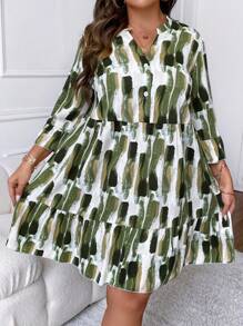 SHEIN LUNE Đầm Plus Size Nút phía trước Đồ họa Dễ thương - màu xanh lá - Xem 1