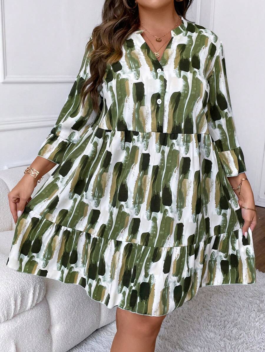 SHEIN LUNE Đầm Plus Size Nút phía trước Đồ họa Dễ thương - màu xanh lá - Xem 1