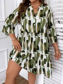 SHEIN LUNE Đầm Plus Size Nút phía trước Đồ họa Dễ thương - màu xanh lá - Xem 3