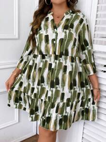 SHEIN LUNE Đầm Plus Size Nút phía trước Đồ họa Dễ thương - màu xanh lá - Xem 4