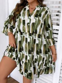 SHEIN LUNE Đầm Plus Size Nút phía trước Đồ họa Dễ thương - màu xanh lá - Xem 5