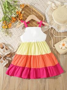 SHEIN Rochie cami cu tiv cu volane, cu broderie florală, fetiță tânără