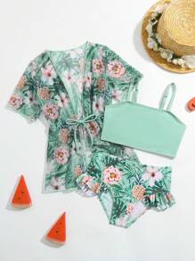 年轻女孩热带印花比基尼套装与和服夏日海滩 - 彩色 - 查看 1