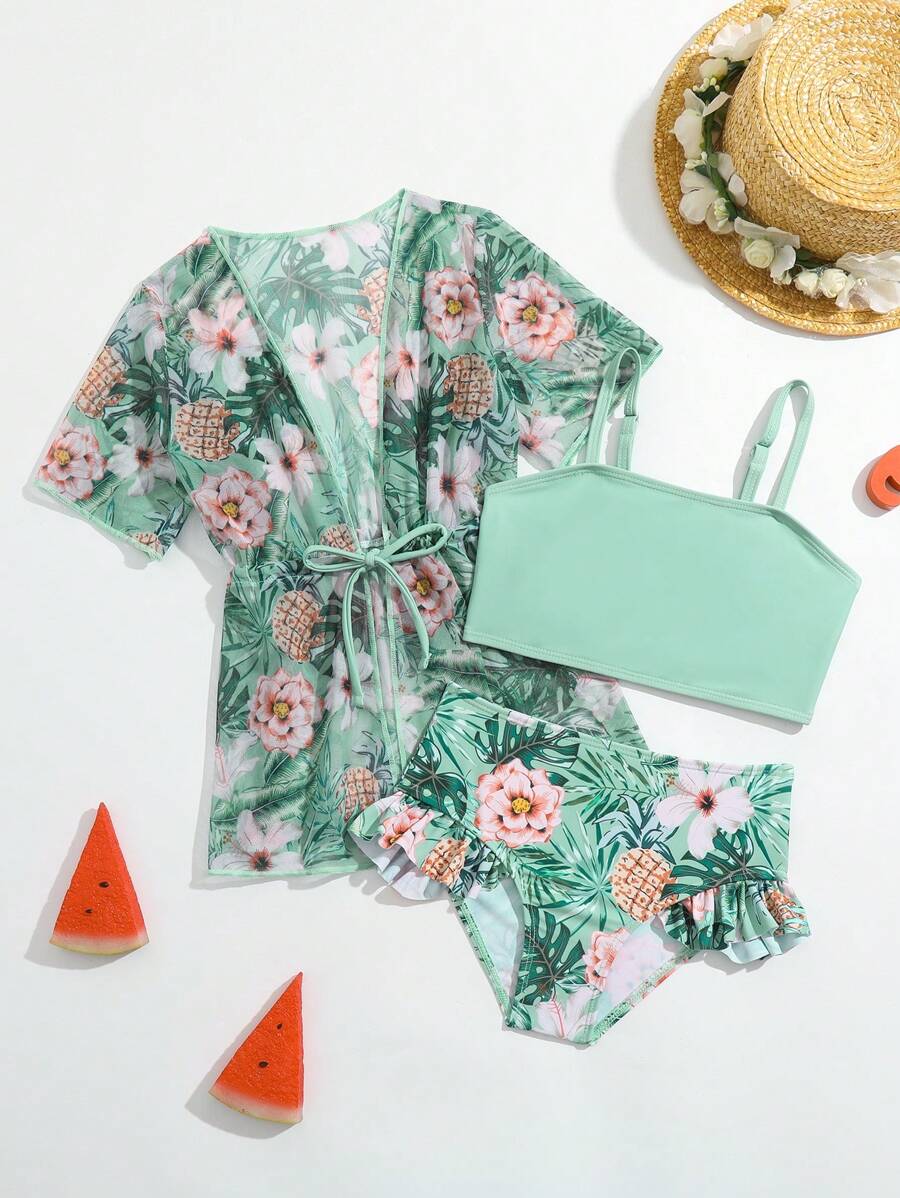 年轻女孩热带印花比基尼套装与和服夏日海滩 - 彩色 - 查看 1