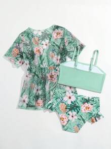 年轻女孩热带印花比基尼套装与和服夏日海滩 - 彩色 - 查看 2