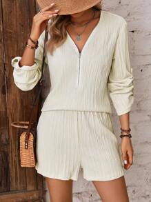 SHEIN LUNE Half Zip Roll Tab Sleeve Blouse & Shorts