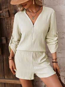 SHEIN LUNE Half Zip Roll Tab Sleeve Blouse & Shorts