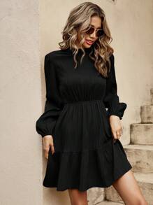 SHEIN Clasi Mock Neck Lantern Sleeve Keyhole Back Ruffle Hem Dress - Black - View 3