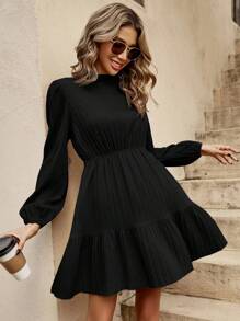 SHEIN Clasi Mock Neck Lantern Sleeve Keyhole Back Ruffle Hem Dress - Black - View 4