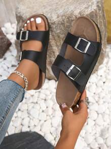 女式黑色雙帶扣平底涼鞋，平底涼鞋