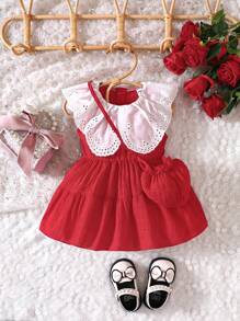 嬰兒拼接網眼刺繡荷葉邊連衣裙 - 紅色 - 查看 1