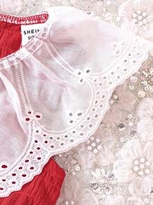 嬰兒拼接網眼刺繡荷葉邊連衣裙 - 紅色 - 查看 5