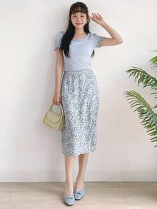 DAZY Camiseta unicolor con encaje en contraste de manga farol - Celeste - Ver 15