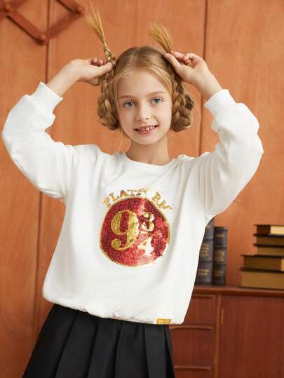 HARRY POTTER X SHEIN Tween Girl Contrast Sequin Letter Pattern Drop Shoulder Pullover