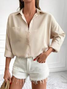 EURMUSE Solid Drop Shoulder Pocket Patched Shirt - Apricot - View 1