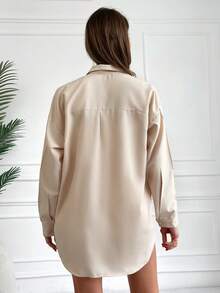 EURMUSE Solid Drop Shoulder Pocket Patched Shirt - Apricot - View 2