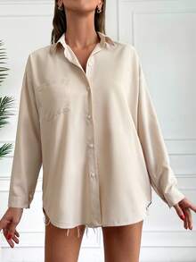 EURMUSE Solid Drop Shoulder Pocket Patched Shirt - Apricot - View 3