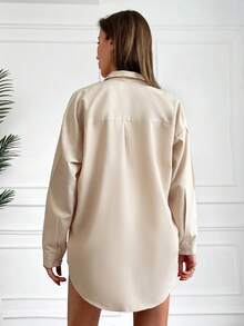 EURMUSE Solid Drop Shoulder Pocket Patched Shirt - Apricot - View 4