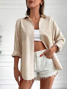 EURMUSE Solid Drop Shoulder Pocket Patched Shirt - Apricot - View 5