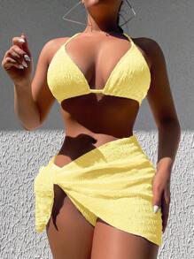 Swim Mod Summer Beach Plain Halter Triangle Bikini Set With Beach Skirt - Yellow - View 3