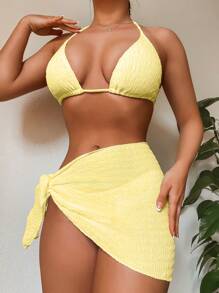 Swim Mod Summer Beach Plain Halter Triangle Bikini Set With Beach Skirt - Yellow - View 8