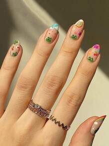 ROMWE 24pcs Short Almond Cartoon Frog & Cherry Pattern Fake Nail Kit - Nhiều màu - Xem 1