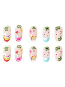 ROMWE 24pcs Short Almond Cartoon Frog & Cherry Pattern Fake Nail Kit - Nhiều màu - Xem 2