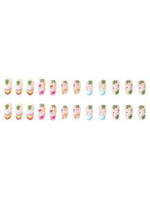 ROMWE 24pcs Short Almond Cartoon Frog & Cherry Pattern Fake Nail Kit - Nhiều màu - Xem 4