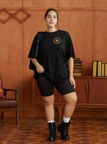 HARRY POTTER X SHEIN 大碼鷹和字母圖案落肩T恤 - 黑色 - 查看 3