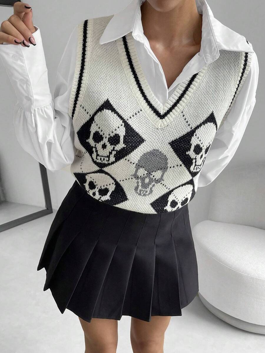 SHEIN Unity Skull Pattern Sweater Vest Without Blouse - Black and White - View 1