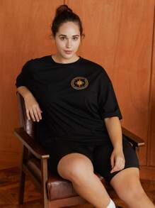 HARRY POTTER X SHEIN 大碼鷹和字母圖案落肩T恤 - 黑色 - 查看 4